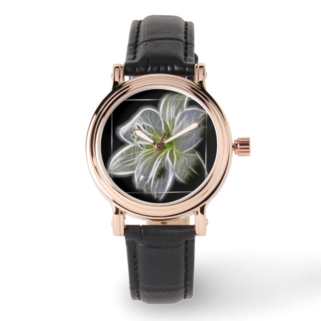 Självlysande vit lilja fraktal konst svart armbandsur (Framsida)