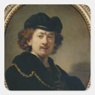 Självporträtt med hatten och guld kedjar, 1633 fyrkantigt klistermärke