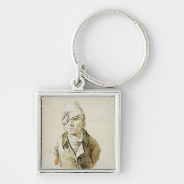 Självporträtt med locket och ögat lappar fyrkantig silverfärgad nyckelring (Framsidan)