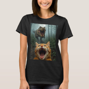 Självporträtt med orange katt med T-Rex-dinosaurie T Shirt