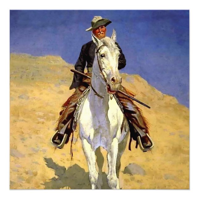 "Självporträtt på häst" av Frederic Remington Fototryck (Framsidan)