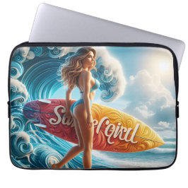 Självsäker Surfartjej Går Strand Vågor Konst Laptop Fodral