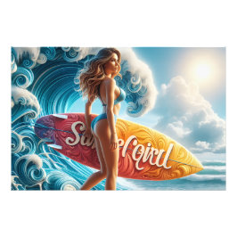 Självsäker Surfartjej som Går på Strandvågor Konst Fototryck