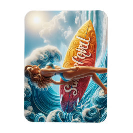 Självsäker Surfartjej som Går på Strandvågor Konst Magnet