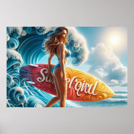 Självsäker Surfartjej som Går på Strandvågor Konst Poster
