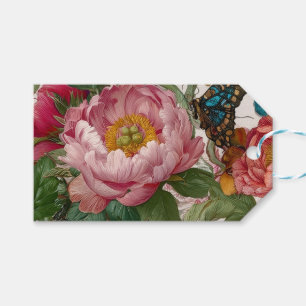 Självsäkra djärva blommotiv fjäril och peonior presentetikett