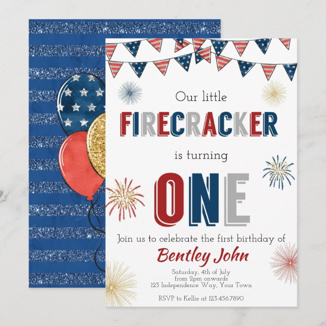 Självständighetsdagens fyrverkeri 1-års födelsedag inbjudningar (Fram/baksida)