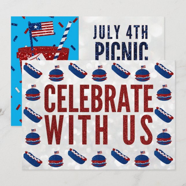 Självständighetsdags Picknick 4 juli Glitter Inbjudningar (Fram/baksida)