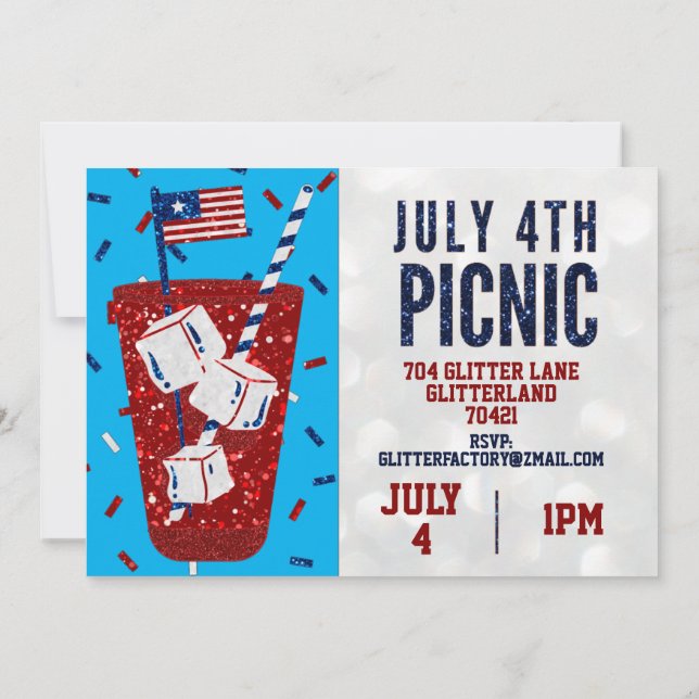 Självständighetsdags Picknick 4 Juli Glittrande In Inbjudningar (Baksida)