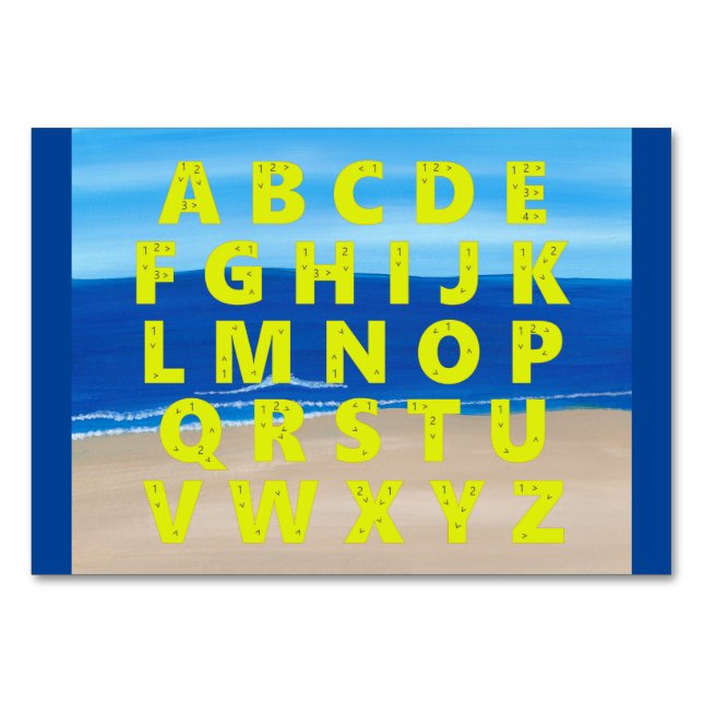 Självstudiekort i Alphabet Brev, Beach-tema Bordsnummer (Framsidan)