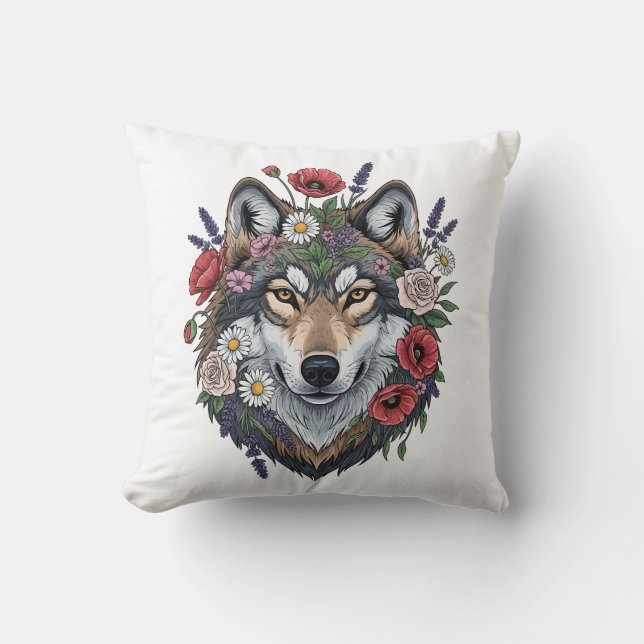 Självvald varg med blomkrona kastkudde kudde (Framsida)