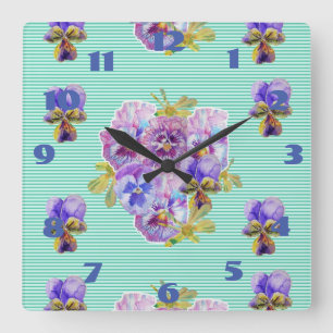 Sjaskiga penséer Pensé Blommig Aqua Turkos Fyrkantig Klocka