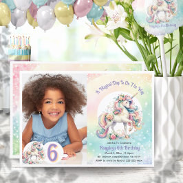 Sjätte 6e Unicorn-temat Birthday Pastel Rainbow Inbjudningar