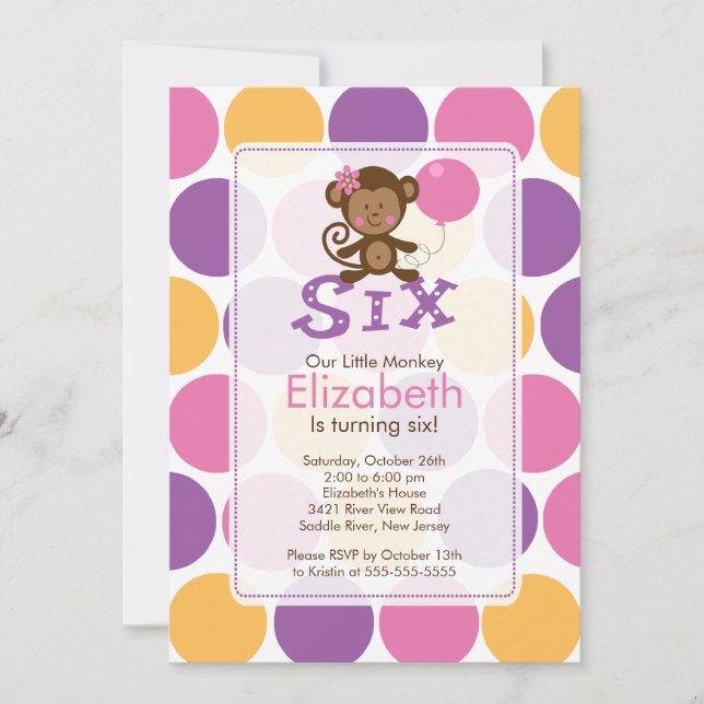 Sjätte födelsedagen Lilla apa, födelsedagsinbjudan Inbjudningar (Framsida)