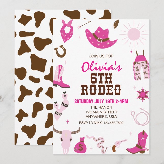 Sjätte Rodeo Hot Pink Western 6-årsdag Inbjudningar (Fram/baksida)