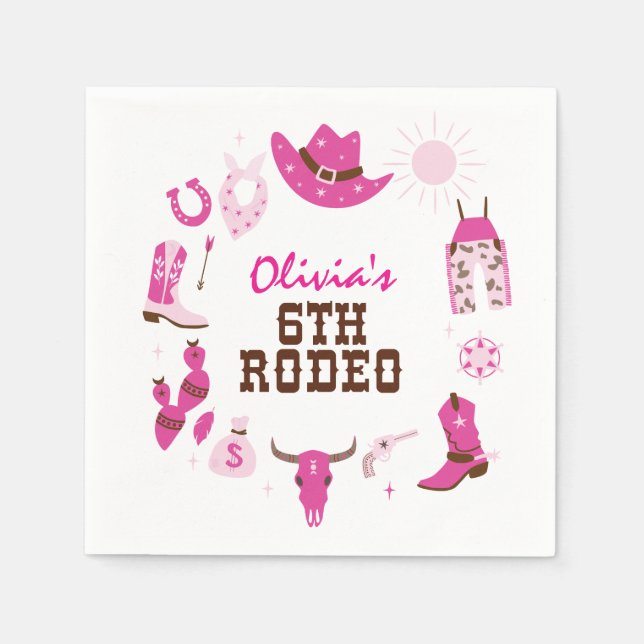 Sjätte Rodeo Rosa Western Cowboy 6-årsdag Pappersservett (Framsidan)