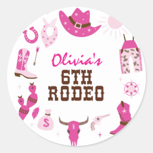 Sjätte Rodeo Rosa Western Cowboy 6-årsdag Runt Klistermärke