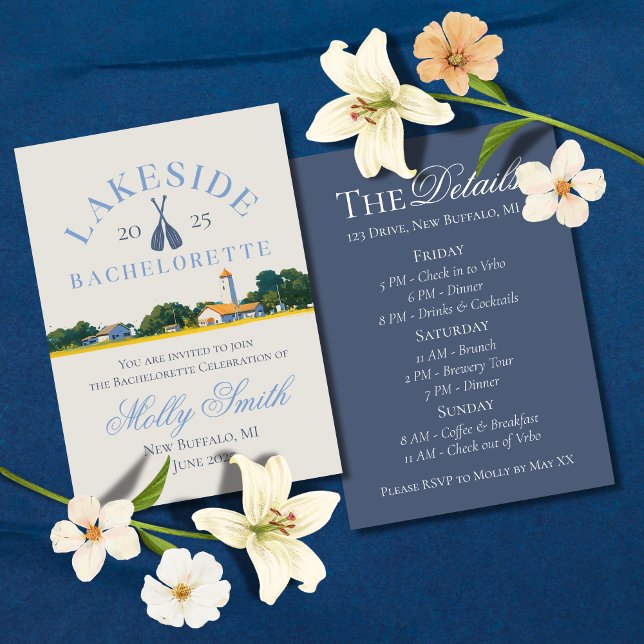 Sjö Bachelorette Helg Blue Nautical Itinerary Inbjudningar (Lake Weekend invite with modern font – perfect for bachelorettes or bridal celebrations!)