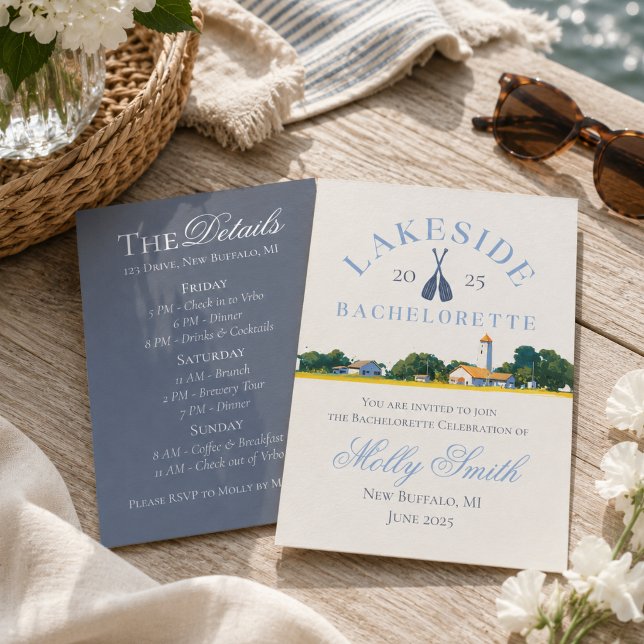 Sjö Bachelorette Weekend Blå Marin Reseplan  Inbjudningar (Lake Bachelorette Weekend Blue Nautical Itinerary Invitation)