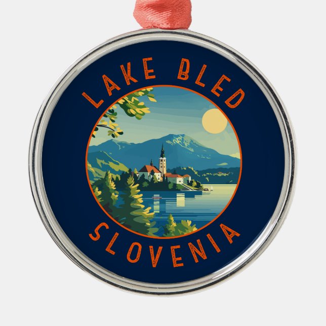 Sjö Bled Slovenska Vintagen Travel Art Julgransprydnad Metall (Framsidan)