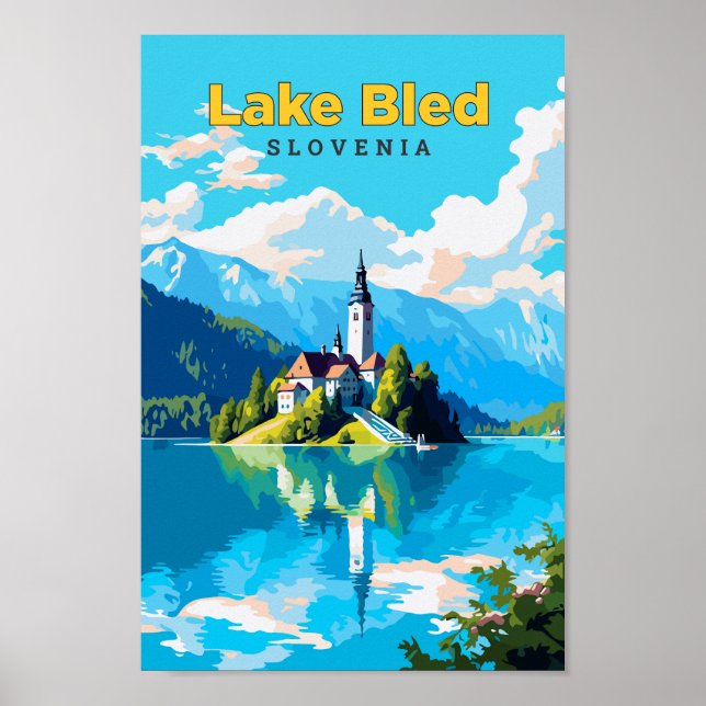 Sjö Bled Slovenska Vintagen Travel Art\ Poster (Framsidan)