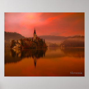 Sjö Bled Sunset Sloveniens naturvård Poster