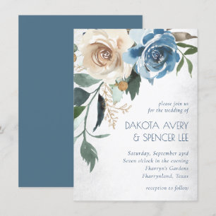 Sjö Blommigt   Dusty Blue Denim Cream Bröllop Inbjudningar