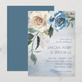 Sjö Blommigt | Dusty Blue och Benvita Bröllop Inbjudningar