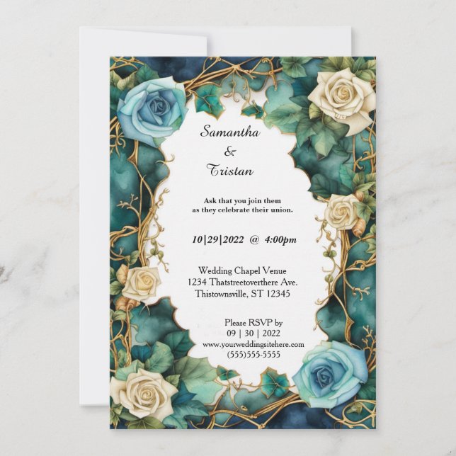 Sjö Blue Watercolor Blommigt Ro Elegant bröllop Inbjudningar (Framsida)