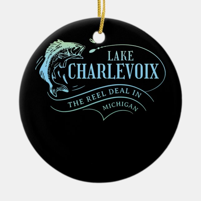 Sjö Charlevoix-fiske i Michiganfamiljen Julgransprydnad Keramik (Framsidan)