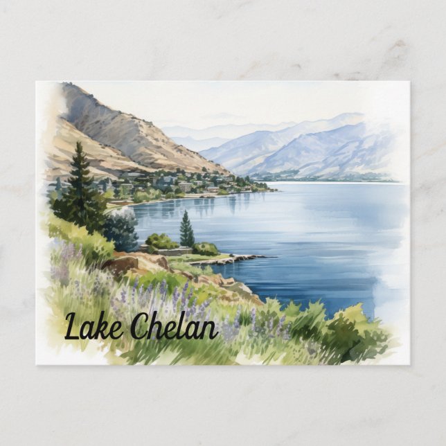 Sjö Chelan Washington Watercolor Vykort (Framsida)