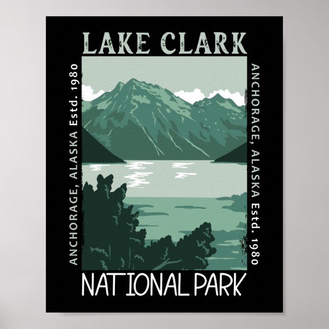 Sjö Clark nationalpark Alaska Vintage Distress Poster (Framsidan)