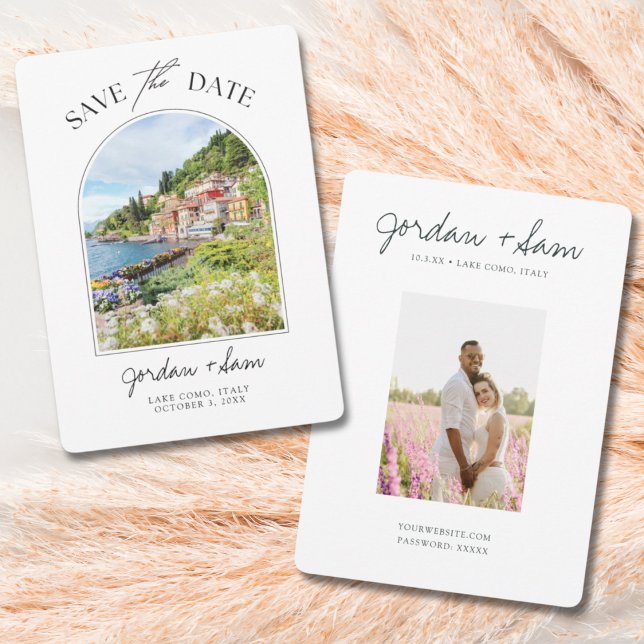 Sjö Como Italien Bröllop spara datum Inbjudningar (Lake Como Wedding Save the Date with Photos of Lake Como and your engagement. Custom save the date)