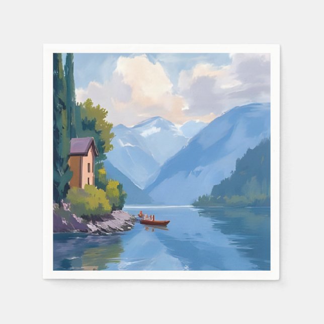 Sjö Como, Italien Målning Vattenfärg Pappersservett (Framsidan)