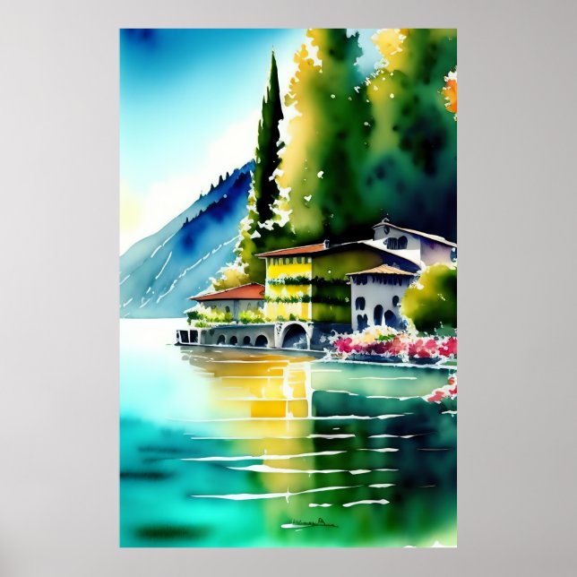 Sjö Como (Lago di Como) - Vattenfärgstryck Poster (Framsidan)