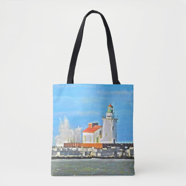 Sjö Erie Lighthouse med Wave Tote Bag Tygkasse (Framsida)