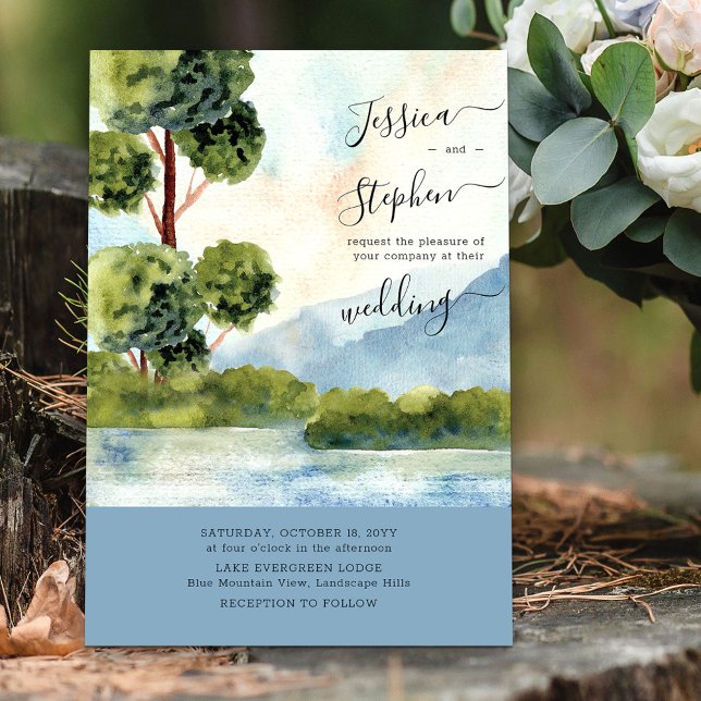 Sjö Evergreen Dusty Blue Destination Wedding Inbjudningar (Skapare uppladdad)
