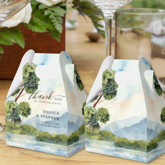 Sjö Evergreen Watercolor Bröllop Tack Presentaskar (Personalized Wedding favor boxes from Lake Evergreen collection)