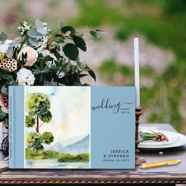 Sjö Evergreen Watercolor Destination Wedding Gästböcker (Skapare uppladdad)