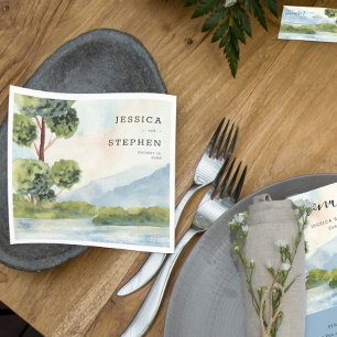 Sjö Evergreen Watercolor Personlig Bröllop Pappersservett