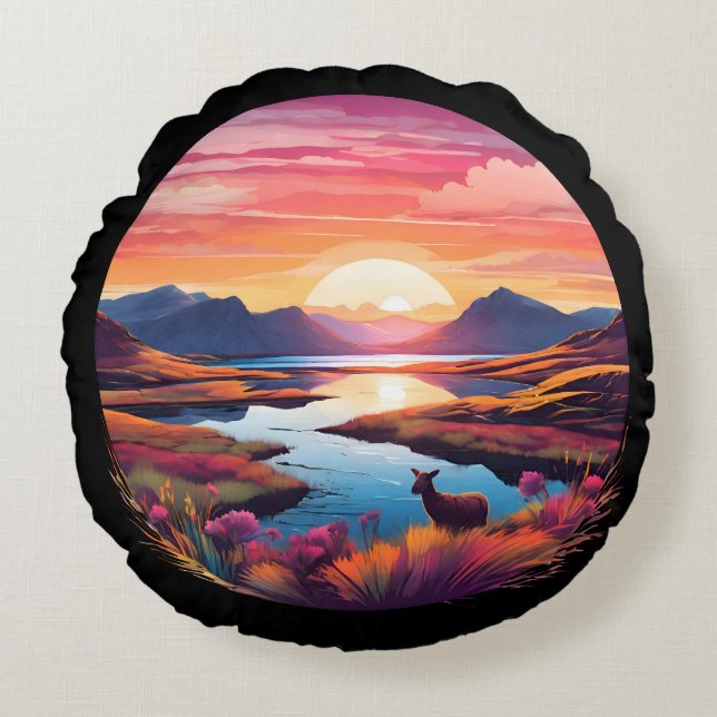 Sjö Ewe Sunset i Skottland Rund Kudde (Framsidan)