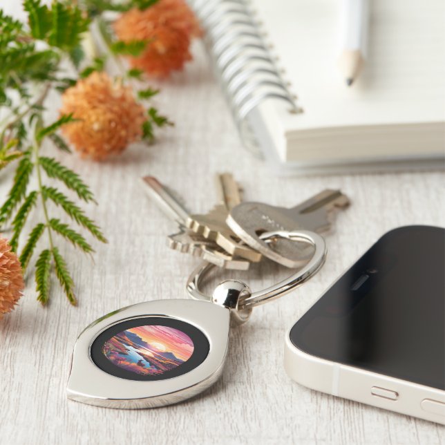 Sjö Ewe Sunset i Skottland Swirl Silverfärgad Nyckelring (Sidan)