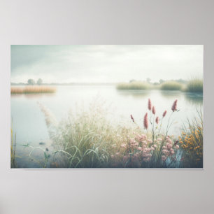 Sjö Fog Lugn Tranquil Natature fredligt säsongsflö Poster