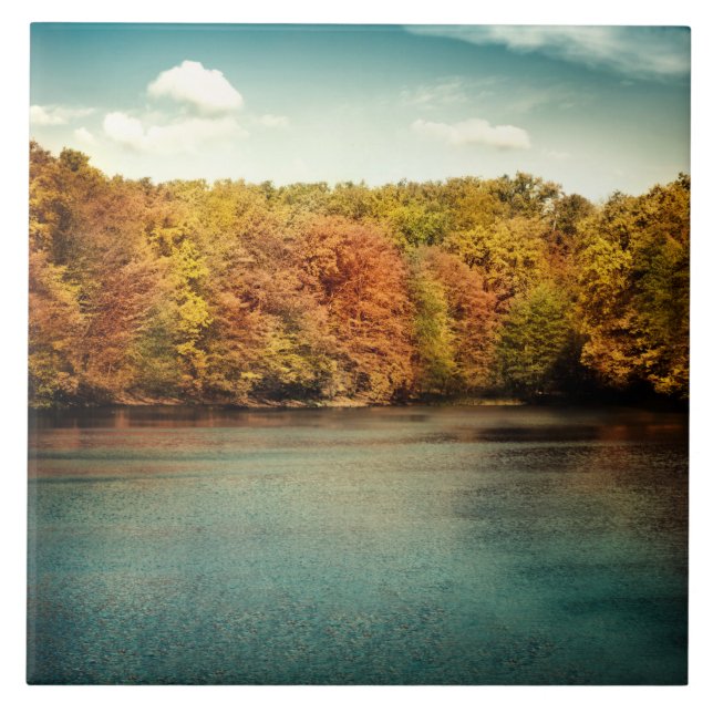 Sjö Forest Träd Vatten Monogram Visning Tile Kakelplatta (Framsidan)