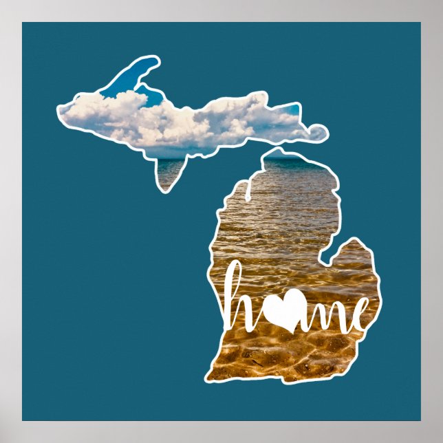 Sjö foto Michigan Silhouette med bostad i blått Poster (Framsidan)