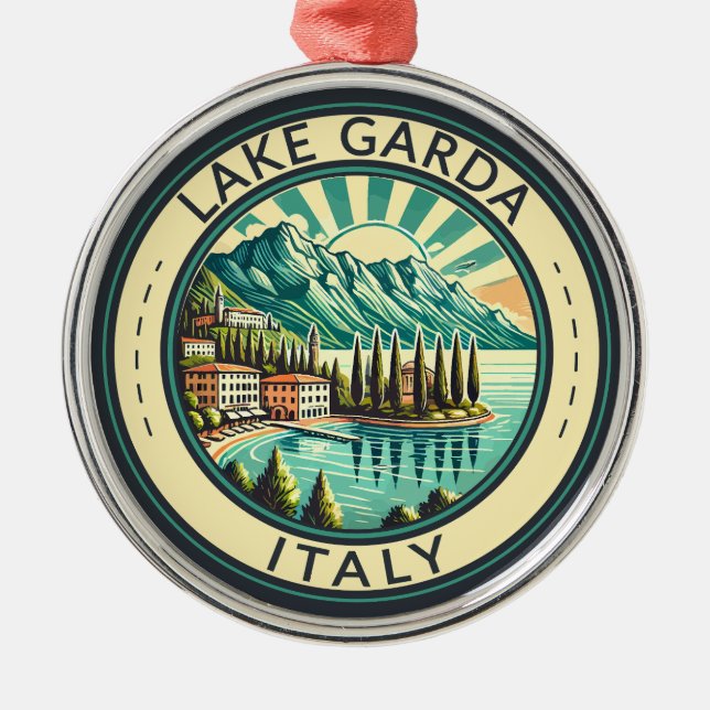Sjö Garda Italien Illustration Travel Art Badge Julgransprydnad Metall (Framsidan)
