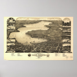 Sjö Genève WI 1882 Antique Panoramic Karta Poster