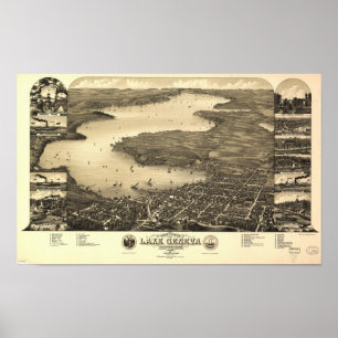 Sjö Genève WI 1882 Antique Panoramic Karta Poster