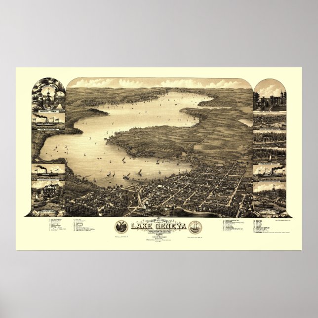 Sjö Genève, WI Panoramic Karta - 1882 Poster (Framsidan)