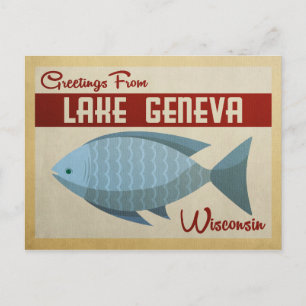 Sjö Genève Wisconsin Blue Fish Vintage resor Vykort